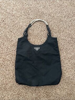 Prada Black Nylon Shoulder Bag with Metal Handle